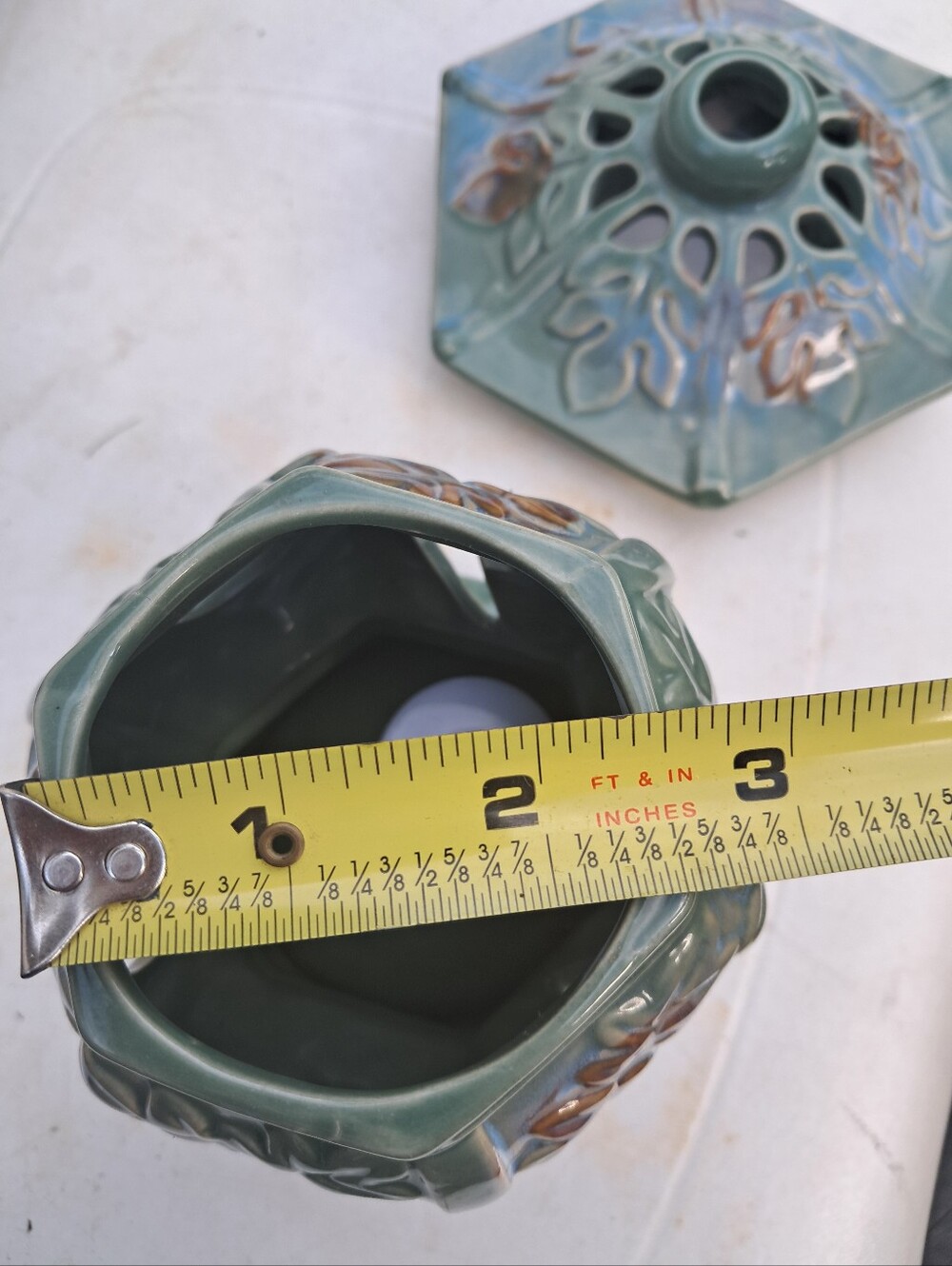 Artisan Green Ceramic Lantern with Leaf Motif - Picture 7 of 7